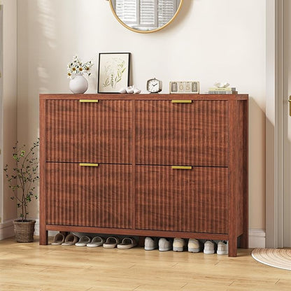 YOMILUVE Shoe Cabinet Storage for Entryway, Fluted Walnut Shoe Cabinet with 4 Flip Drawers, Hidden Shoe Rack Freestanding Wooden Shoe Organizer with Legs for Hallway