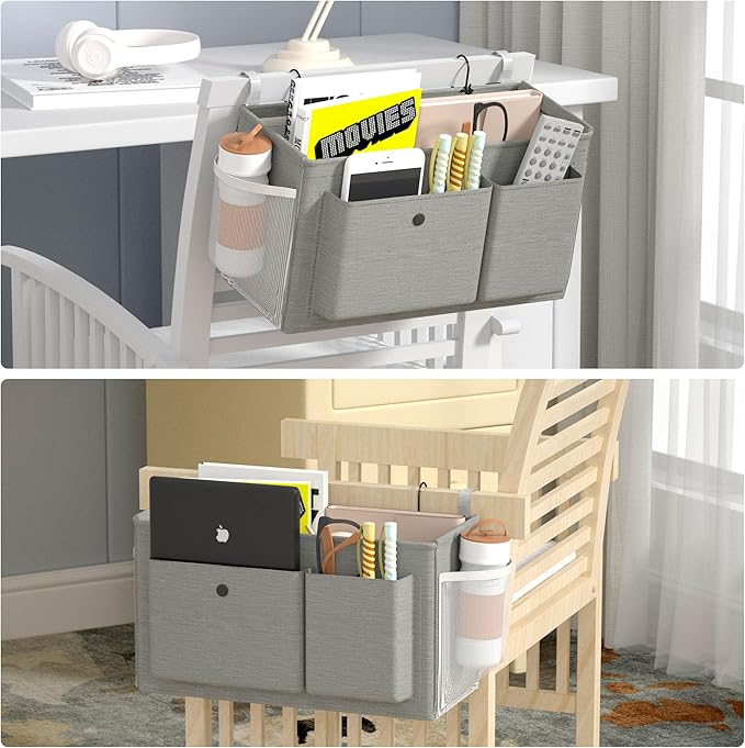 Edudif Bedside Caddy Bedside Organizer with Fixed Straps & Water Bottle Holder, Bunk Bed Caddy ideal for Home, Dorm, Hospital, Crib, Versatile Bedside Storage Solution (Grey)