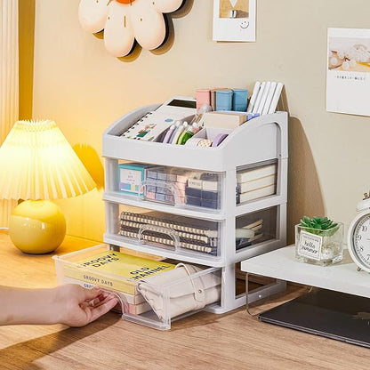 Desk Organizer with Drawers, 3 Drawers Storage Organizer, Desktop Storage Drawers for Office/School Supplies, Plastic Stationary Makeup Organizer, Desk Storage Box for Office, School, Home
