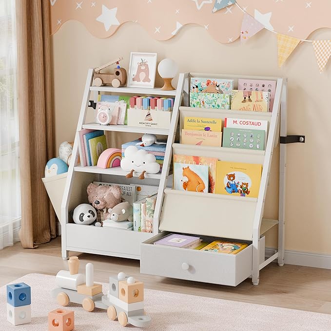 Kids Bookshelf and Toy Storage - Book Shelf for Kids Rooms, Toddler Bookshelf Baby Bookcase for Nursery, Montessori Toy Organizer, White