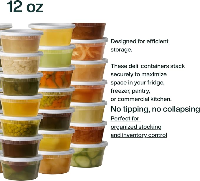 ProTakeOut 12oz [1 unit] Heavy Duty Plastic Deli Container | BPA-Free Food Storage with Airtight Leak‑Proof Lids | Microwave, Freezer & Dishwasher Safe – Stackable, Bulk Reusable Soup & Meal Prep Tub