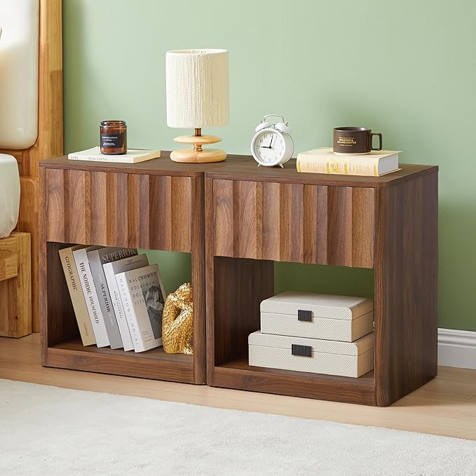Bifins Fluted Dresser, Small Nightstands Set of 2, Walnut Bedside Table with Drawer and Storage, Mid Century Modern Side Table for Bedroom Sofa