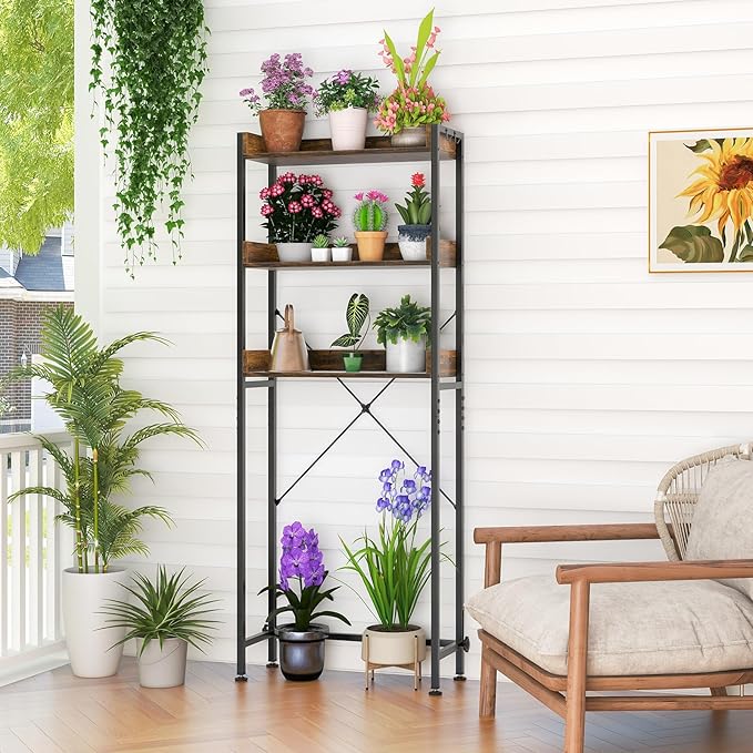 LOKO 3-Tier Over The Toilet Storage Rack, Bathroom Space Saver Shelf, Freestanding Above Toilet Organizer with 4 Hooks, Anti-Tipping Device, Metal Frame Toilet Rack for Balcony Laundry (Brown+Black)
