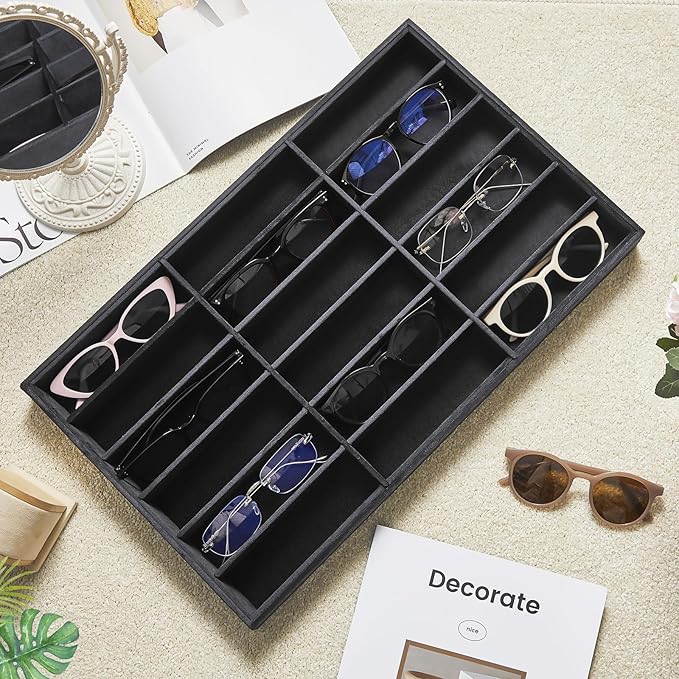 Amylove 2 Pcs Sunglass Organizer Trays Glasses Stackable Jewelry Trays Sunglass Organizer Display Box (18 Grids,Black)