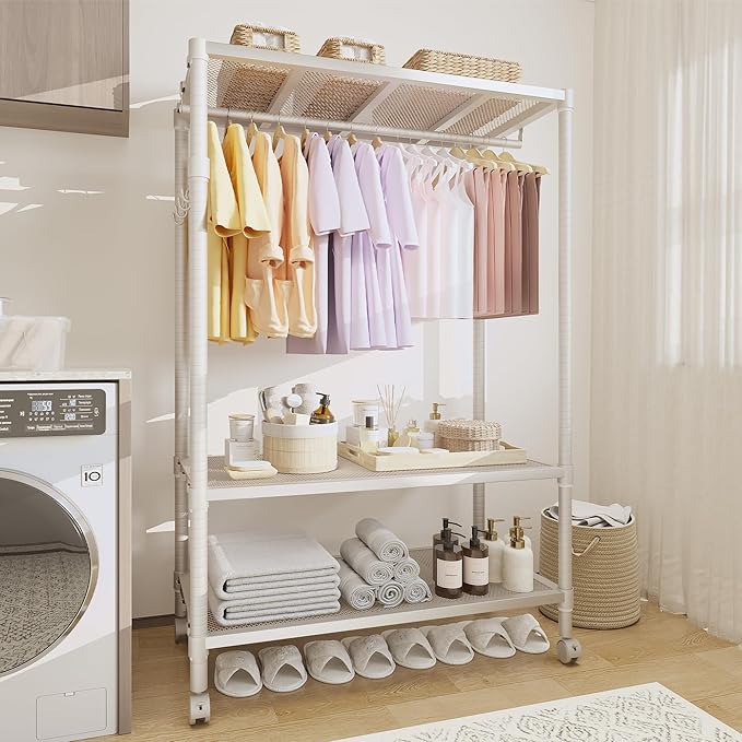 Clothes Rack with Wheels Heavy-Duty, 3-Tier Rolling Garment Rack with Adjustable Shelves & Side Hooks, Freestanding Wardrobe Metal Clothing Rack for Bedroom Cloakroom, 70.2"H x 45.4"W x 17.8"D