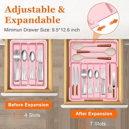 Silverware Organizer - Expandable Silverware Drawer Organizer, Adjustable Drawer Organizer, Silverware Tray for Drawer 15.2"x 19" Utensil Drawer Organizer, Kitchen Organizers Storage, Pink