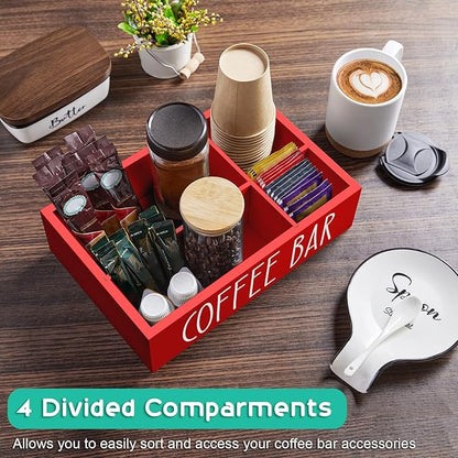 ALELION Red Coffee Station Organizer with Removable Dividers - Coffee Pod Holder Storage Basket for K Cup Sugar Tea - Red Coffee Bar Kitchen Decor Accessories Organizer for Countertop