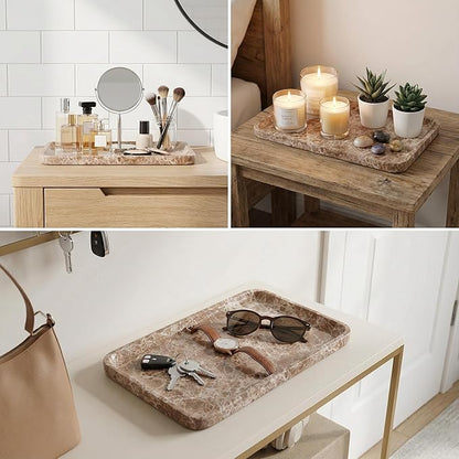 CasaCouture Light emperador Marble Vanity Tray for Bathroom Counter-12 X7 Decorative Tray for Perfume, Candles, Stone Jewelry Dish Tray