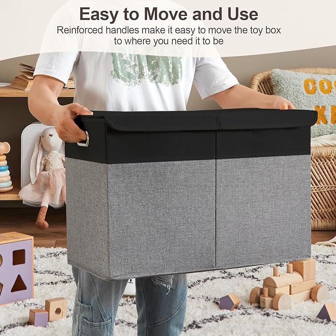 Large Toy Storage Box with Lid, Collapsible Toys Storage Organizer Bins with Dividers and Handles, Storage Chest Bin for Kids, Boys, Girls, Nursery 25"x13" x16" (Balck & Gray)