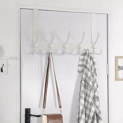 Dseap Over The Door Hook Hanger - Fits 1 3/8" to 1 3/4" Standard Doors | 5 Tri Hooks Heavy Duty Towel/Coat Rack | Door Organizer for Clothes, Jackets, Hats, Towels, White, Pack of 2