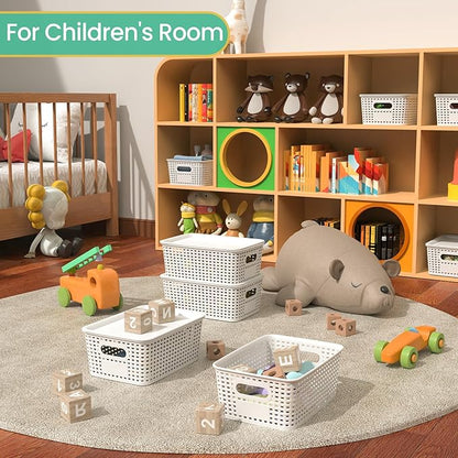 Plastic Storage Baskets with Lid - Plastic Storage Containers Stackable Storage bins: Storage Baskets for Organizing Shelves Drawers Desktop Closet Playroom Classroom Office, 8 Pack-White
