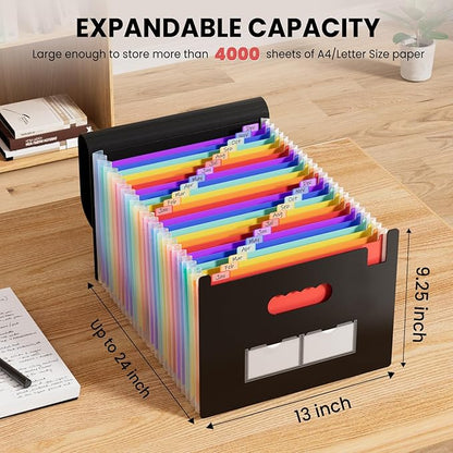 Sooez 24 Pockets Expanding File Folder with Blank Labels, According File Organizer with Expandable Cover, Desktop Accordion Folders Letter A4 Paper Document Storage Organizer, White