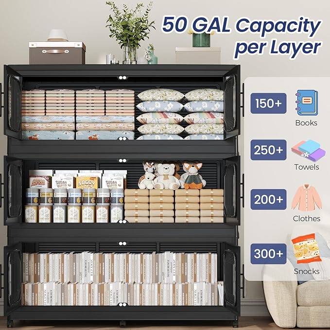 250Gal Exra Large Stackable Storage Bins with Lid, 1000QT Collapsible Storage Box with 6x Wheels, Folding Plastic Cabinet Container with Door Drawer for Home Kitchen Office Dorm, 5Pack Black
