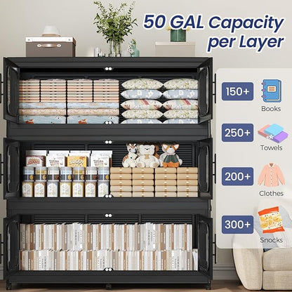 200Gal Exra Large Stackable Storage Bins with Lid, 800QT Collapsible Storage Box with 6x Wheels, Folding Plastic Cabinet Container with Door Drawer for Home Kitchen Office Dorm, 4Pack Black