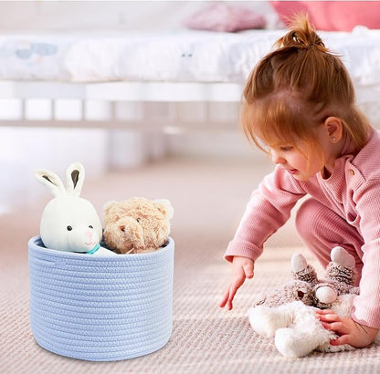 Woven Cotton Storage Baskets - 3-Pack Round Bins (10x10x7'') for Shelves, Closets & Bookcases | Durable Rope Organizers for Nursery, Baby, Toys, Easter & More (blue)