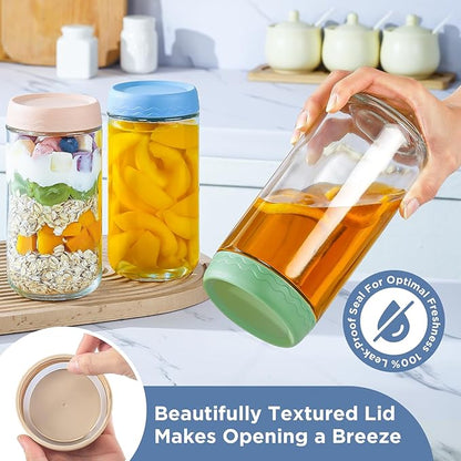 DRKIO 24 Oz Overnight Oats Containers with Lids - 4 Pack Glass Storage Jars with Airtight Lids Wide Mouth Mason Food Jars Great for Meal Prep Salad Chia Pudding Snacks Yogurt Sugar Spice Cereal