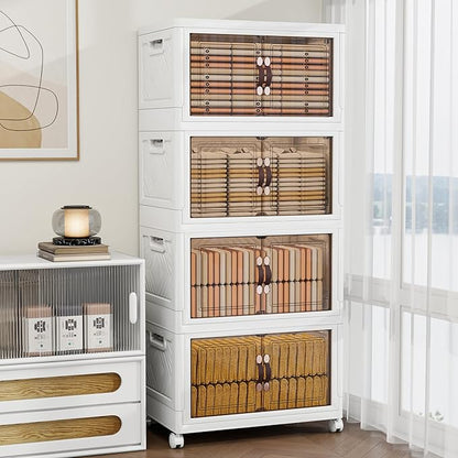 Vavkorkula Storage Bins with 2 Lids and Wheels, 990QT-165QT*6Tier Collapsible Bathroom Storage Cabinet with Clear Doors, Plastic Stackable Closet Organizers and Containers White