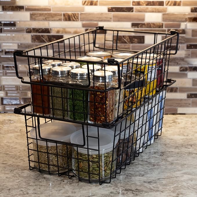 Set of 2 Storage Bins for Kitchen and Bathroom Organizer - Basket Set for Toy, Kitchen, Closet, and Bathroom Storage - Medium Shelf Organizers with Handles by Home-Complete (Black)