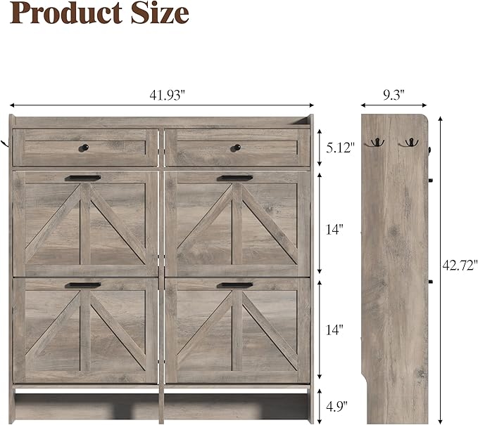Shoe Cabinet with 4 Flip Drawers & 2 Storage Drawers, Rustic Farmhouse Narrow Shoe Organizer Cabinet, Slim Shoe Rack Cabinet, Shoe Storage Cabinet for Entryway, Hallway, Front Door