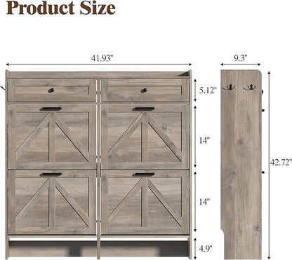 Shoe Cabinet with 4 Flip Drawers & 2 Storage Drawers, Rustic Farmhouse Narrow Shoe Organizer Cabinet, Slim Shoe Rack Cabinet, Shoe Storage Cabinet for Entryway, Hallway, Front Door