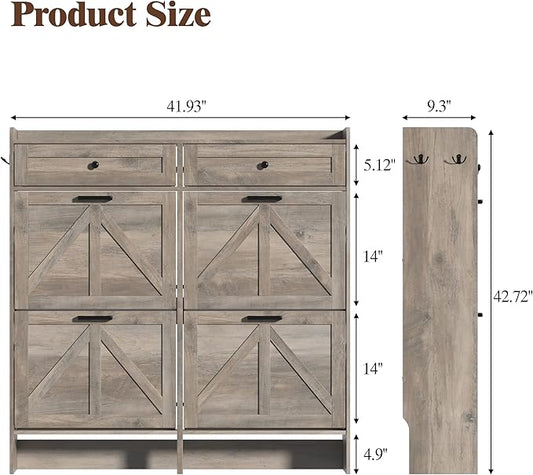 Shoe Cabinet with 4 Flip Drawers & 2 Storage Drawers, Rustic Farmhouse Narrow Shoe Organizer Cabinet, Slim Shoe Rack Cabinet, Shoe Storage Cabinet for Entryway, Hallway, Front Door