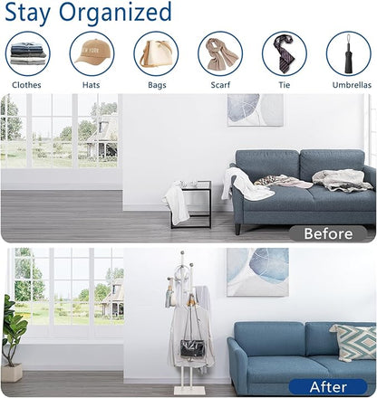 Free Standing Coat Rack with Marble Base & 8 Steel Hooks Clothes Rack for Entryway Bedroom Living Room Hotel 14.96 x 10.24 x 68.9 Inches (White)