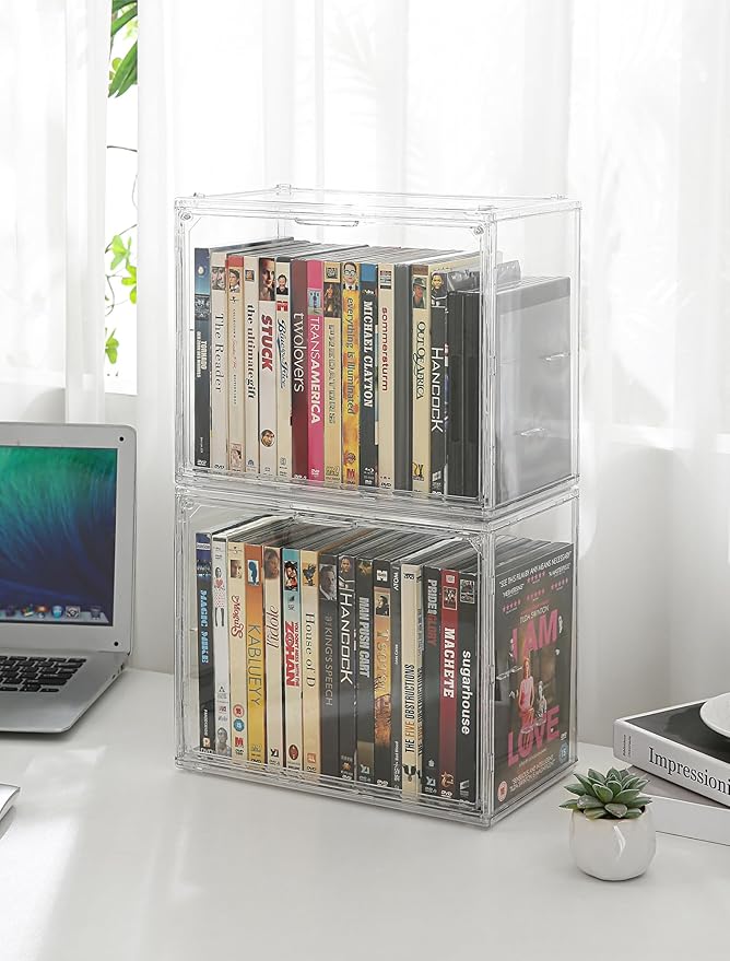 Beveetio Acrylic 2-Pack DVD Storage Box, Stackable DVD Case Holder Organizer With Door, Clear CD Storage Box For CDs, Blu Ray, Discs, Video Games, Holds Up to 34 Cases