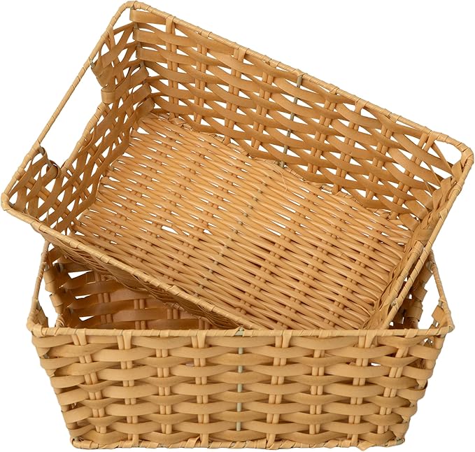 JS HANGER Wicker Storage Basket with Liners, Set of 2, Washable Waterproof, 12.6" L x 8.7" W x 4.3" H, Woven Basket for Pantry, Toilet, Bathroom, Bedroom, Patio,Natrual