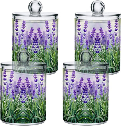 MNSRUU 4 Pack Qtip Holder Organizer Dispenser Lavender Bathroom Storage Canister Cotton Ball Holder Bathroom Containers for Cotton Swabs/Pads/Floss