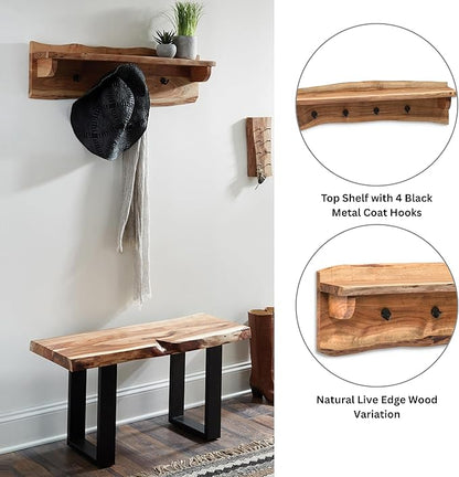 Alpine Natural Live Edge Wood Coat Hooks with Shelf – 36-Inch Wall-Mounted Home Storage Solution with Clear Finish and Unique Natural Wood Design by Alaterre Furniture