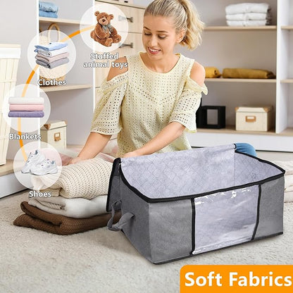 BiCINE 2 Pack Clothes Organizer Storage Bags with Zipper, 45L Foldable Blanket Storage Box with Clear Window Sturdy Handles for Closet, Dorm, Pillows, Bedding, Sweater, Clothing, Gray