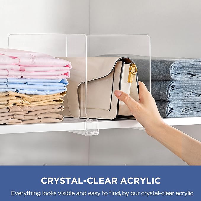 4 Pack 12 Inches [Extra Tall Version] Clear Shelf Dividers for Organization, Acrylic Closet Shelf Vertical Shelves Organizer for Bedroom, Kitchen and Office