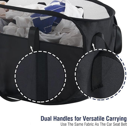 TECHMILLY Collapsible Laundry Basket, Foldable Tear Proof Mesh Pop Up Hamper with Reinforced Carry Handles for Laundry, Bathroom, Dorm or Travel (Black)