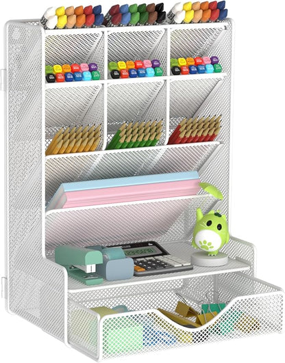 Pen Organizer for Desk, Multi-Functional Desk Organizer, Wall Mount Pen Holder with Drawer for School, Office, Home, Art Supplies, White