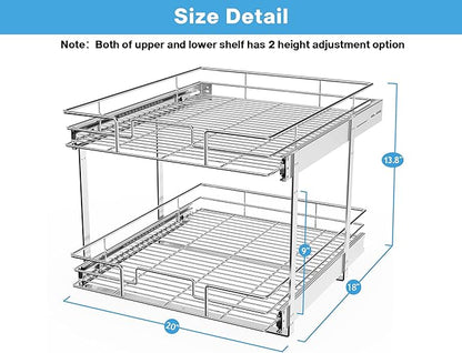 LOVMOR Individual Pull Out Cabinet Organizer, 2 Tier Slide Out Cabinet Drawers, Pots and Pans Organizer and Storage Pantry Shelf for Kitchen (20" W x 18" D)