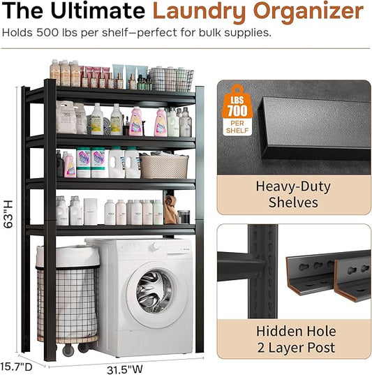 Over The Washer and Dryer Storage Shelf, 4-Tier Heavy Duty Laundry Room Organizer Standing Shelf with Anti-Tip, Space Saving Rust Proof Shelving for Bathroom, Balcony (63" H*31.5" W*15.7" D)