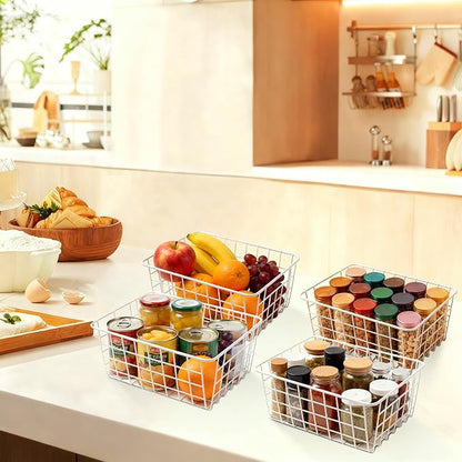 4 Pack White Wire Baskets 11.1"x8.7"x4.7", Wire Freezer Storage Organizer Bins Farmhouse Metal Freezer Basket with Handles for Cabinets, Pantry, Closets, Bedrooms