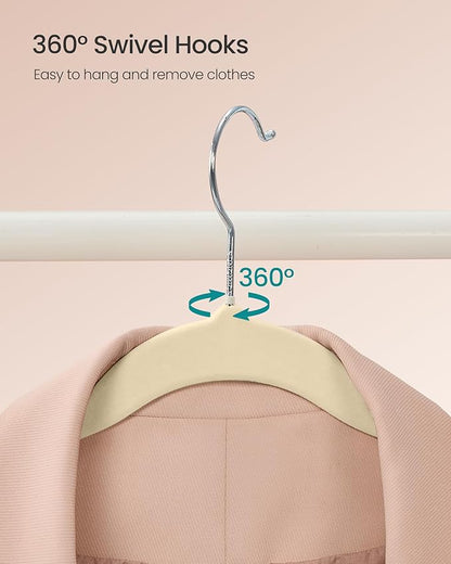 SONGMICS Velvet Hangers 100 Pack, Non-Slip Clothes Hangers with Silver-Colored Swivel Hooks, Slim Space-Saving for Closet, Heavy-Duty, Summer Sand UCRF026LF02S