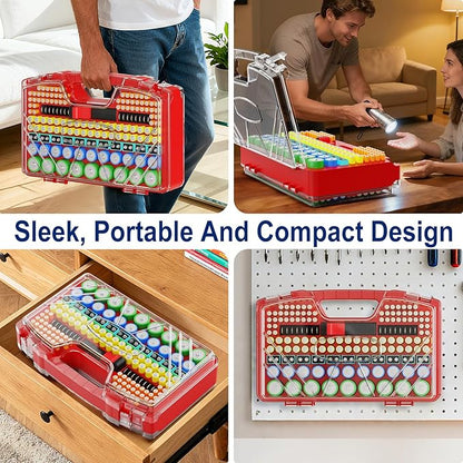 Battery Organizer Storage Holder Box Case with Tester, New Ultra-Large 285+Batteries Double-Sided Variety Pack, Holds AA AAA 4A C D Button Cell 9V 3V CR123 CR1632 LR44 Lithium18650 CR2 Red