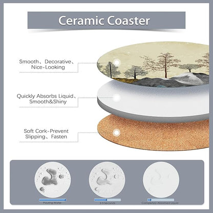 6 Pcs Coasters for Drinks with Holder,Brown Trees with Golden Gray Mountains Landscape Absorbent Coaster with Cork Backing,Great Gift for Housewarming,Room Decor,Bar,Holiday Party