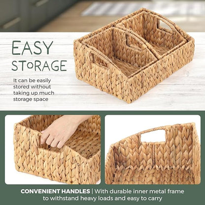 Set of 3 Handwoven Water Hyacinth Storage Baskets – Decorative Natural Wicker Organizer Bins with Built-in Handles for Bathroom, Kitchen, Pantry, Nursery, Closet, Laundry, Living Room, and Home Use