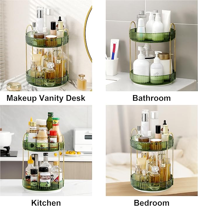 Weidace 360 Rotating Makeup Organizer for Vanity, Bathroom Countertop Spinning Perfume Organizer, High-Capacity Cosmetic and Skincare Dresser Make Up Holder Rack (3 Tiers, Green)