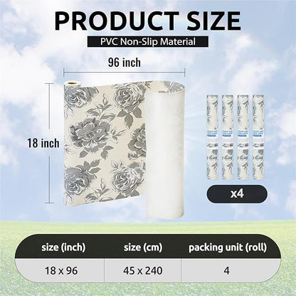18X96 Inch Shelf Liner for Kitchen Cabinets, PVC Drawer Liner for Dresser Non-Slip Bathroom, Non-Adhesive Cabinet Liner Washable (Black Flower)(4 Roll)
