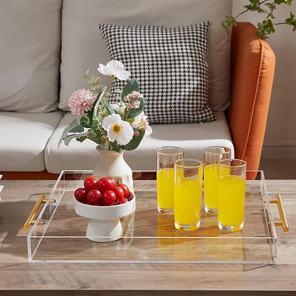 Large Clear Acrylic Serving Tray (16×18 Inches) with Gold Handles Spill Proof Acrylic Decorative Tray Organiser for Ottoman Coffee Table Countertop