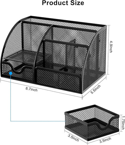 EasyPAG Mesh Desk Organizer with Drawer Multi-functional Pen Holder Stationery Organizer for Office School Supplies 6 Compartments Dorm Organizers and Storage for Desk, Black
