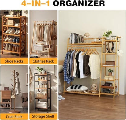Bamboo Clothing Garment Rack 7 Tier Storage Shelf Coat Clothes Hanging Rack, Portable Wardrobe Closet Organizer With Top Shelf, Shoe Storage Shelves for Bedroom (Natural - 51.18 in)