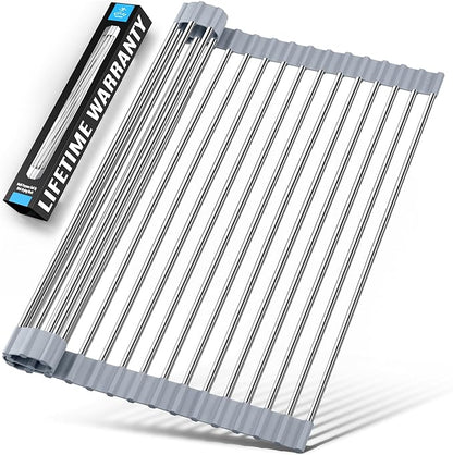 Zulay Kitchen 17.5” x 12” Roll Up Dish Drying Rack - Stainless Steel Over Sink Dish Drying Rack - Multipurpose Foldable Sink Rack for Kitchen Counter - Non-Slip, Heavy-Duty Drying Rack (Gray)