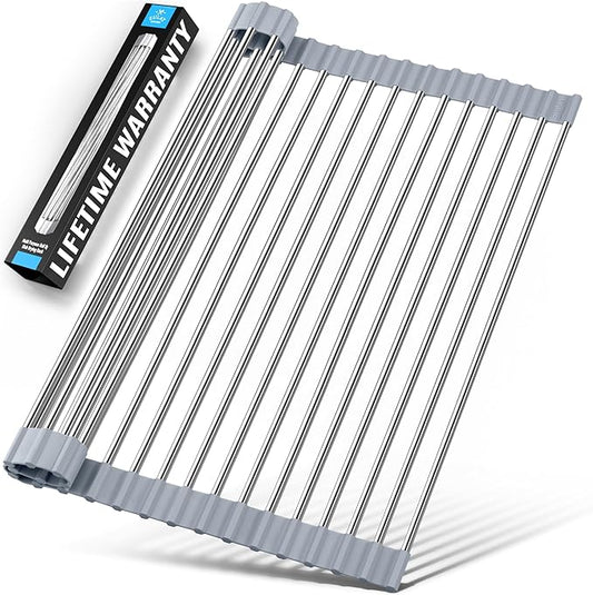 Zulay Kitchen 17.5” x 12” Roll Up Dish Drying Rack - Stainless Steel Over Sink Dish Drying Rack - Multipurpose Foldable Sink Rack for Kitchen Counter - Non-Slip, Heavy-Duty Drying Rack (Gray)