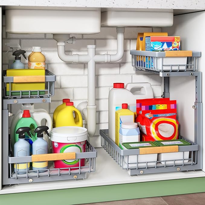 Under Sink Organizer, 2 Packs 2 Tier Under Sink Organizers and Storage, Slide out Pull out Cabinet Organizer Shelf, Metal Sliding Drawer for Kitchen Bathroom Pantry Closet Rack(Grey)