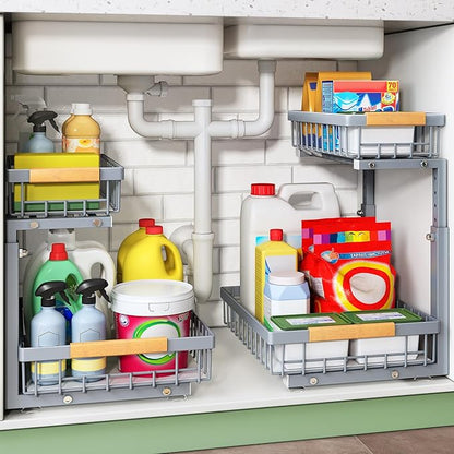 Under Sink Organizer, 2 Packs 2 Tier Under Sink Organizers and Storage, Slide out Pull out Cabinet Organizer Shelf, Metal Sliding Drawer for Kitchen Bathroom Pantry Closet Rack(Grey)